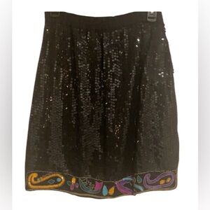 100% Silk Black Sequin Party Skirt All over Sequins & colorful hemline by CeeCee